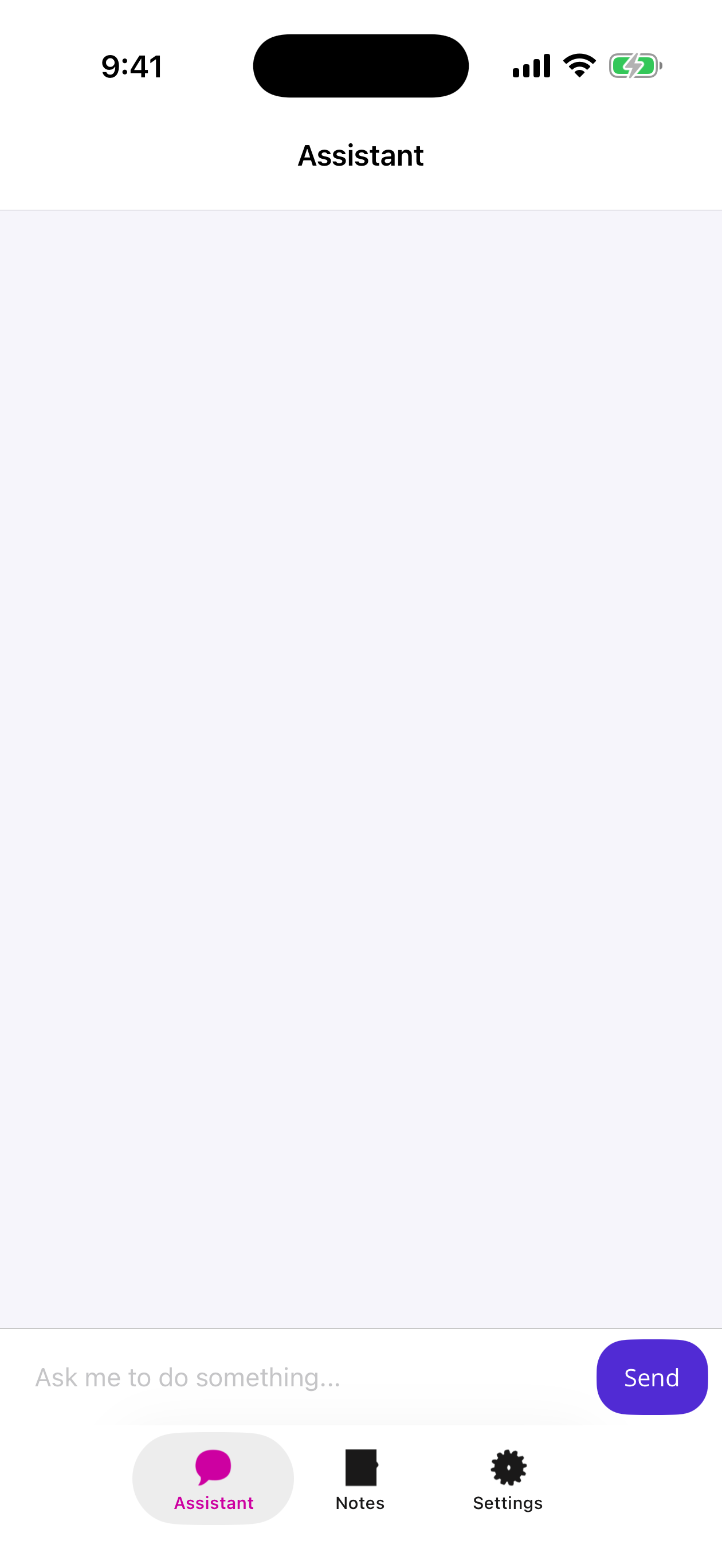 The empty Assistant tab: a single ChatView with a placeholder input bar and Send button