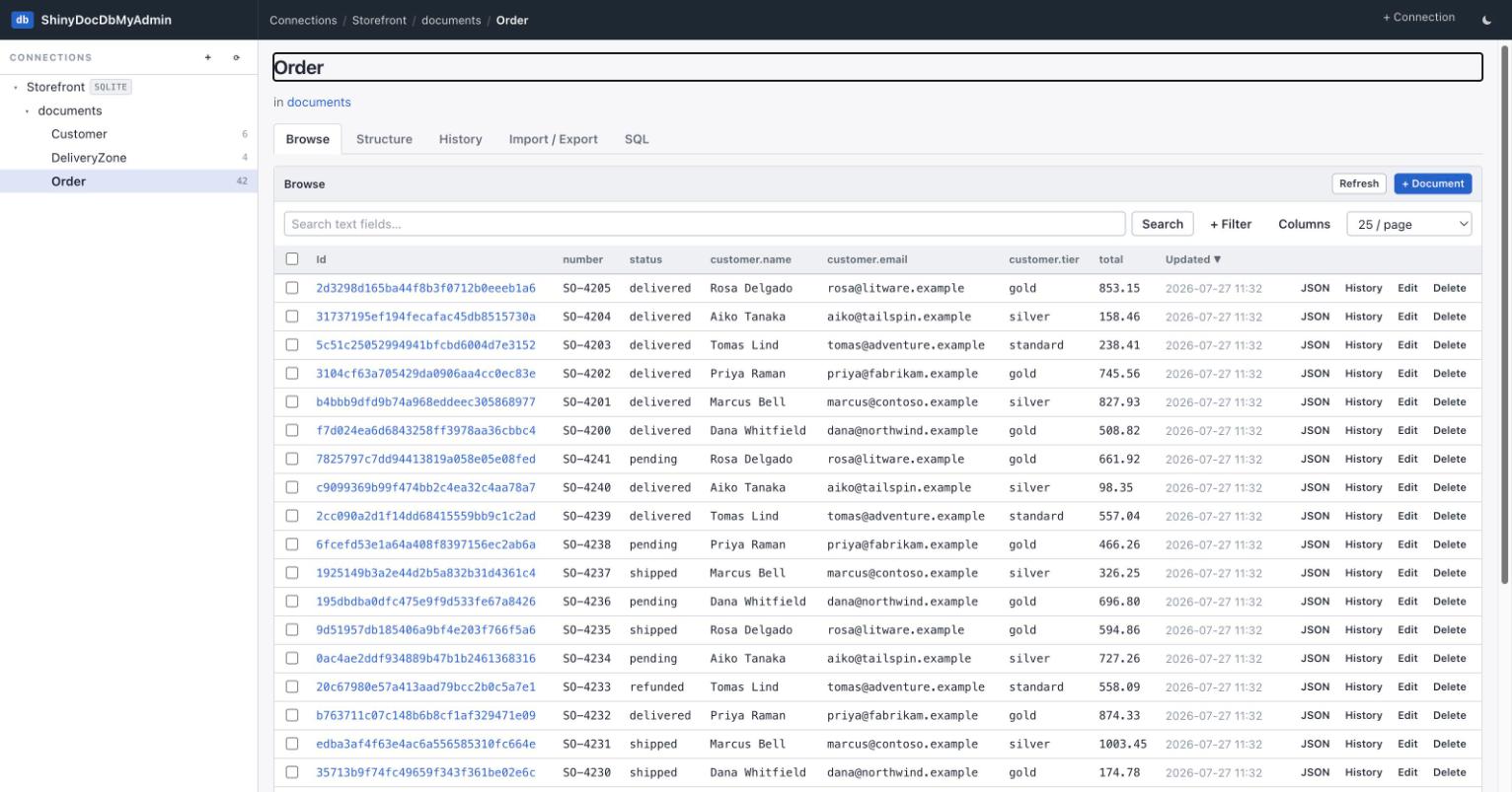 Browse grid for the Order type with columns id, number, status, customer.name, customer.email, customer.tier, total and Updated, inferred from nested JSON paths