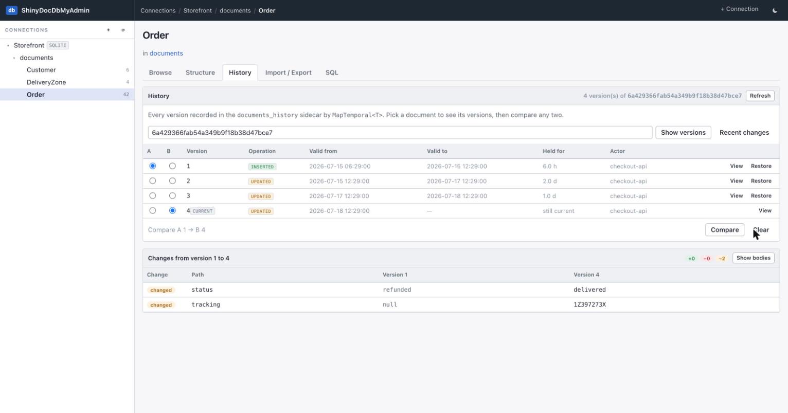 History tab showing four versions of one Order with operation, valid-from and valid-to, how long each was held and the actor, plus a field-level diff from version 1 to 4 showing status changed from refunded to delivered and tracking changed from null to a tracking number